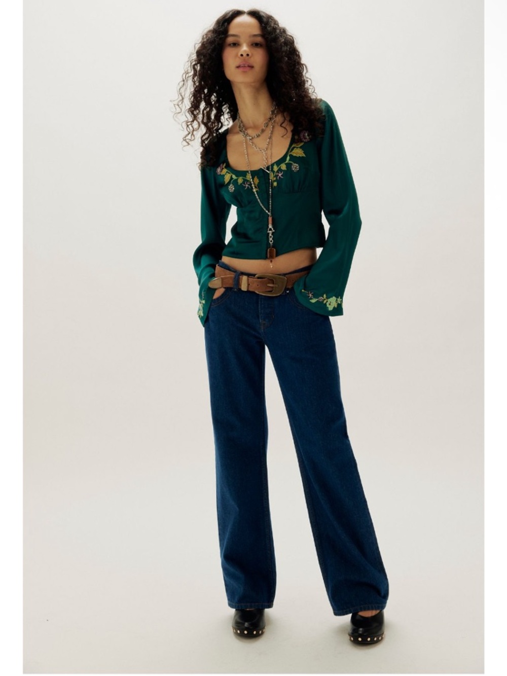 Free People Autumn Bloom Midi Skirt Set in Forest Green Floral Embroidery NEW - Picture 3 of 8